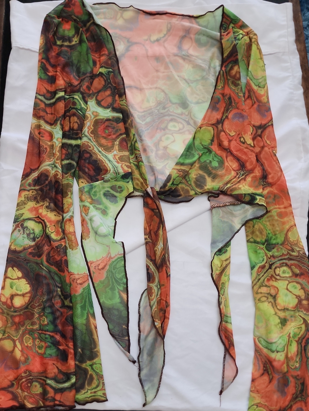 SHEIN Trippy Marble Mesh Tie Front Cardigan Shrug Lettuce Trim Large